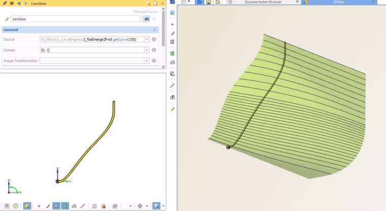 Parametric ship hull section at 155 m, taken and visualized from the curve engine