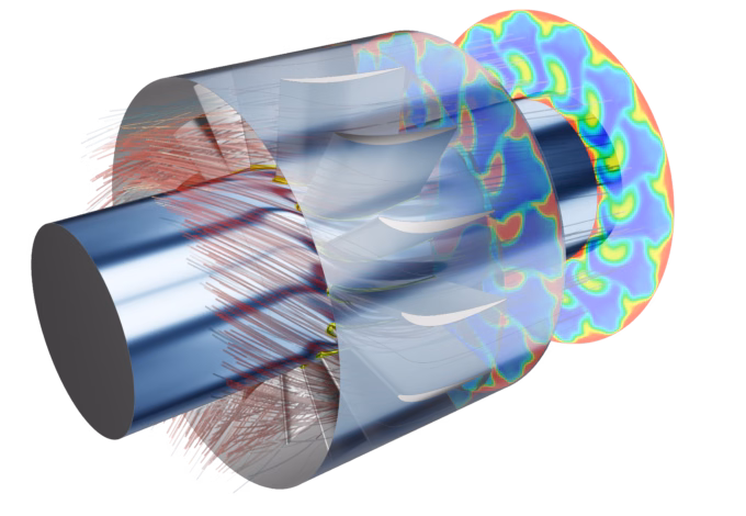 3D computational fluid dynamics (CFD) simulation of a rotating turbine stage with internal blades, showing red airflow streamlines at the inlet and colorful thermal pressure contours along the casing and exit plane.