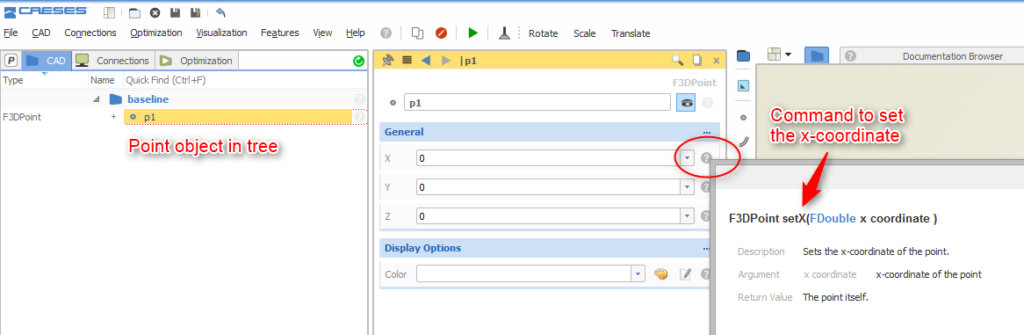 Setting the x-coordinate of a point: Show the command that is triggered in the background