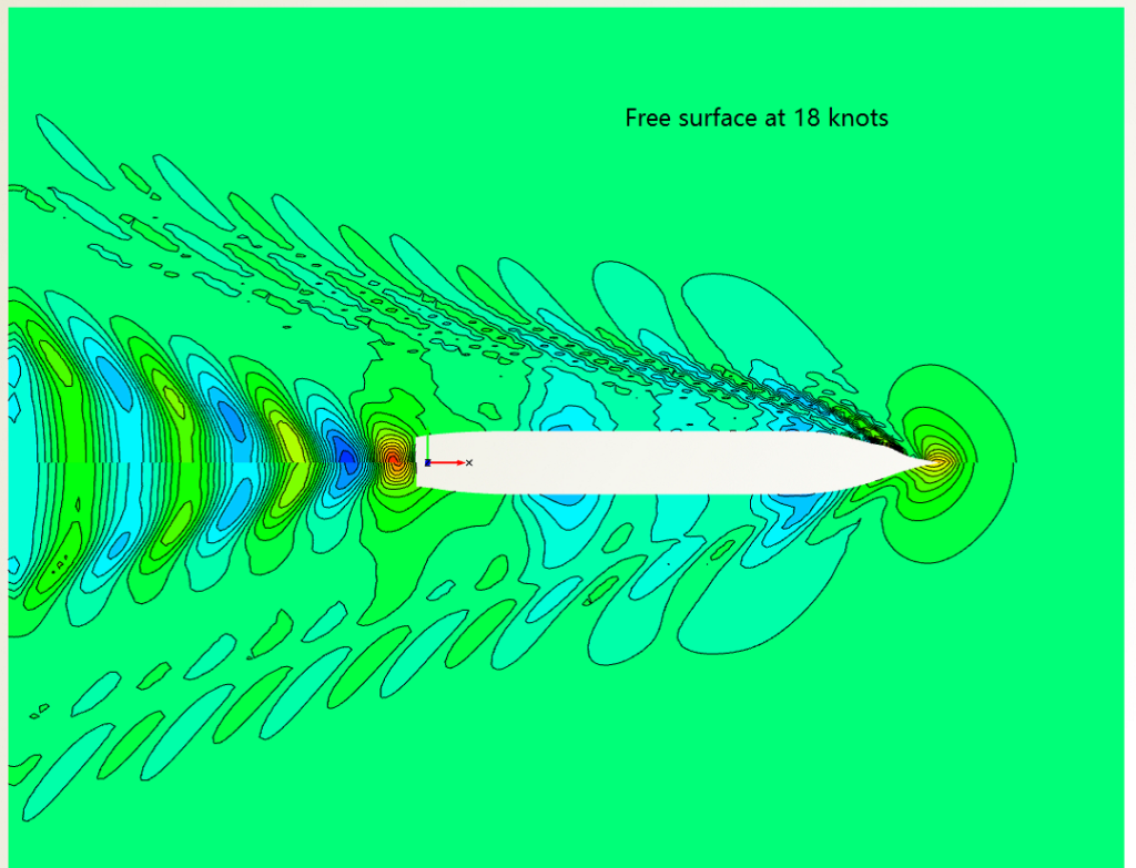 Comparison of wave patterns at 18 knots for initial (top) and optimized hull (bottom)