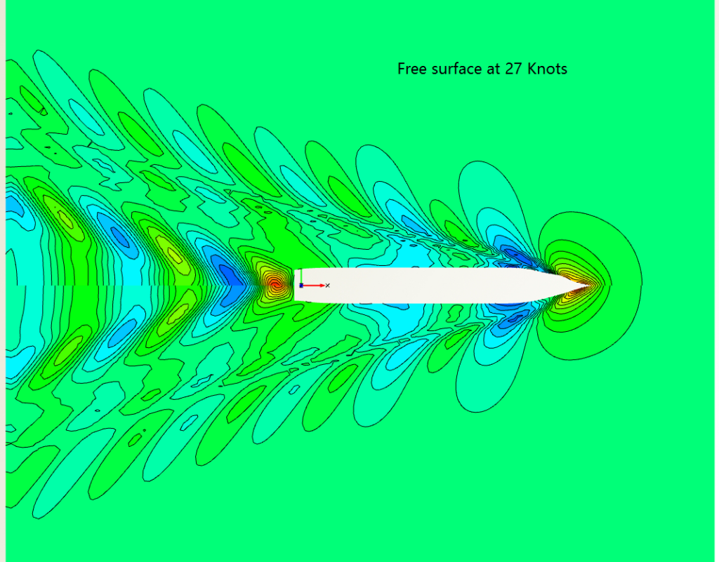 Comparison of wave patterns at 27 knots for initial (top) and optimized hull (bottom)