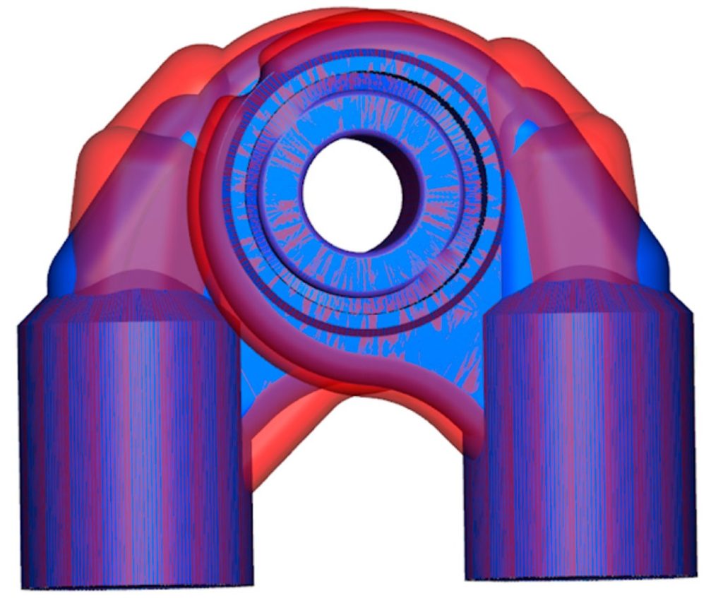 Comparison of baseline (blue) and optimized (red) valve port geometries