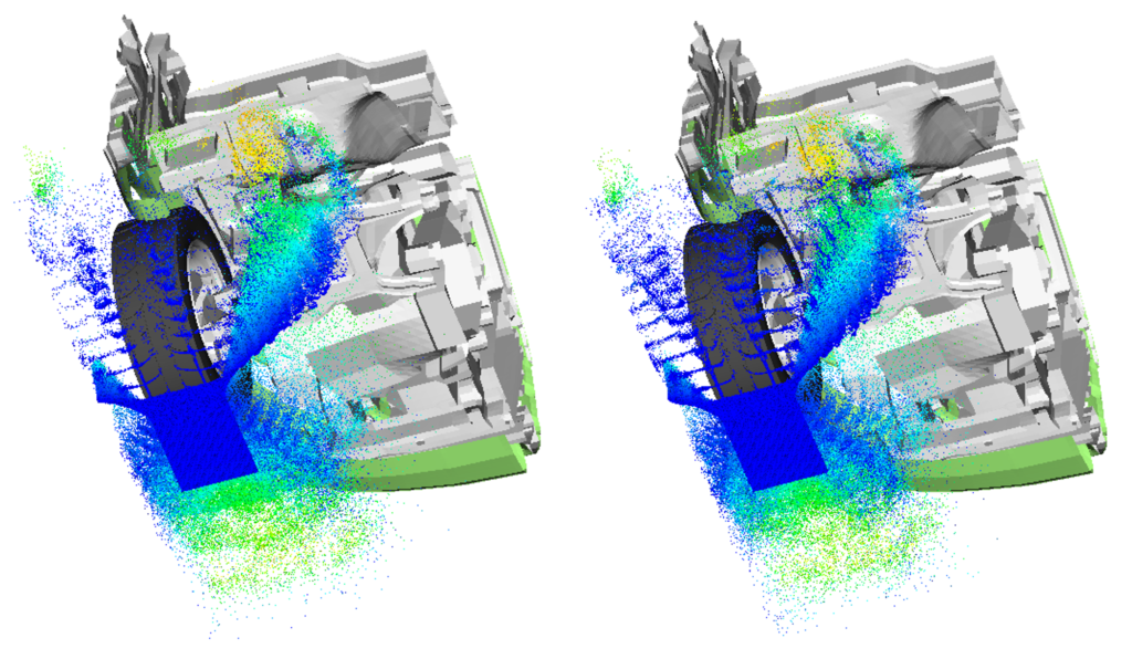 CFD results of the splashing patterns for baseline (left) and best design (right)